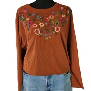 Vintage Brown Floral Embroidered Long Sleeve Crewneck Top sz XL